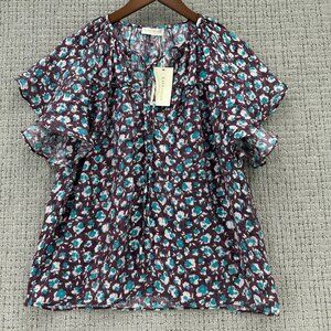 Ramy Brook Blouse Womens Small Wine Blue Pullover Sidney Printed Flutter Sleeve